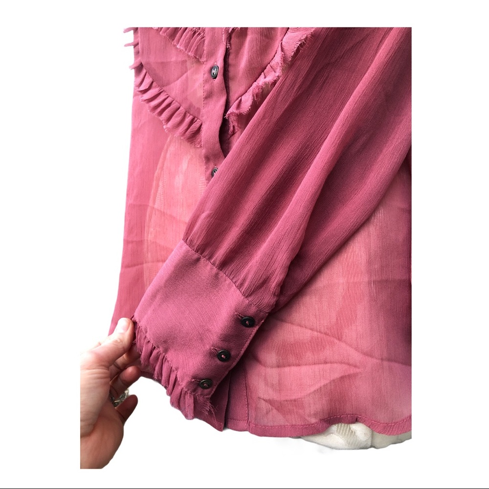 Free People ~ Sheer Button down Ruffle Top - Picture 6 of 9